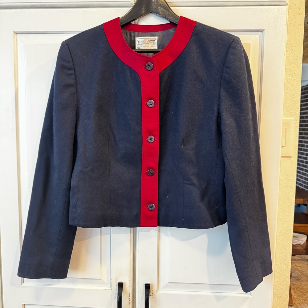 Vintage‎ Miss Pendleton 100% Wool- Women's Blazer in Navy with Burgundy Red Trim